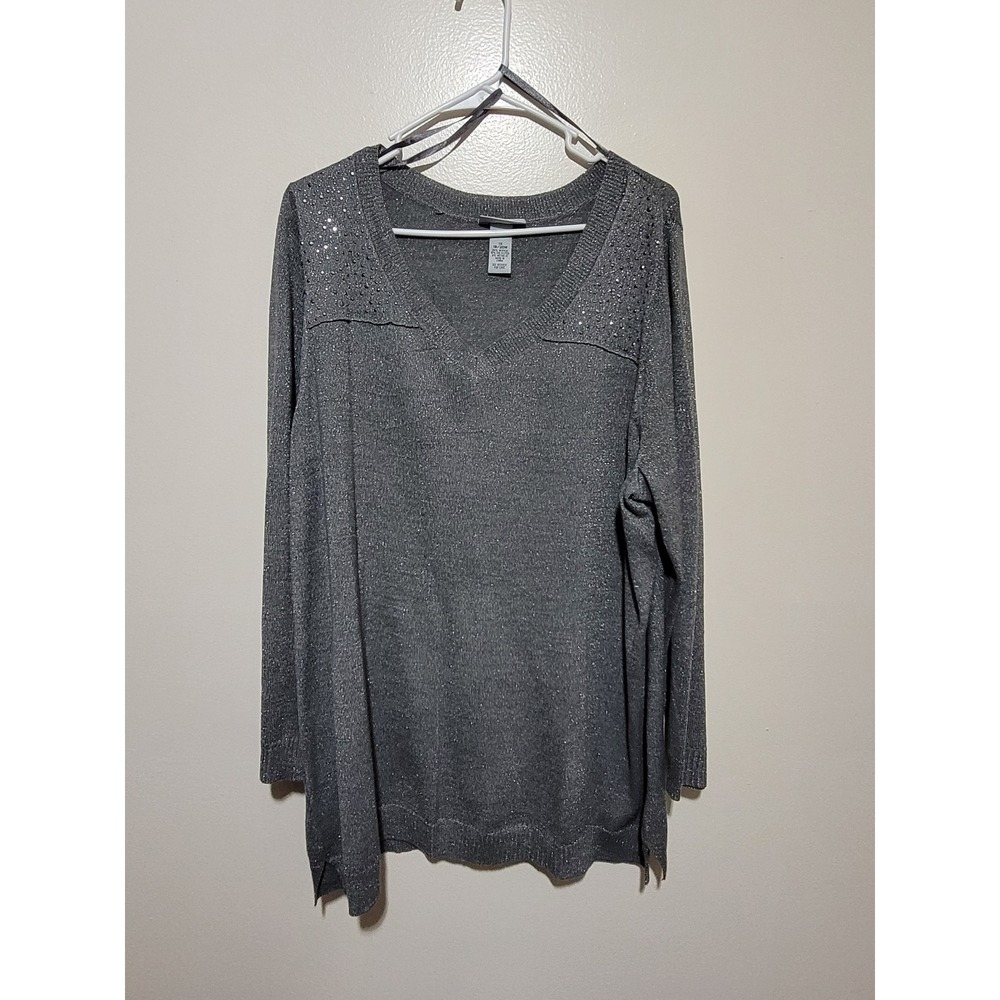 Catherines Sweater Women 1X Silver Excellent Metallic Rhinestone V-Neck Pullover
